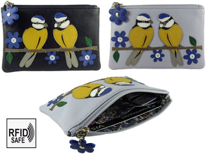 Blue Tit Leather Coin Purse and Glasses Case