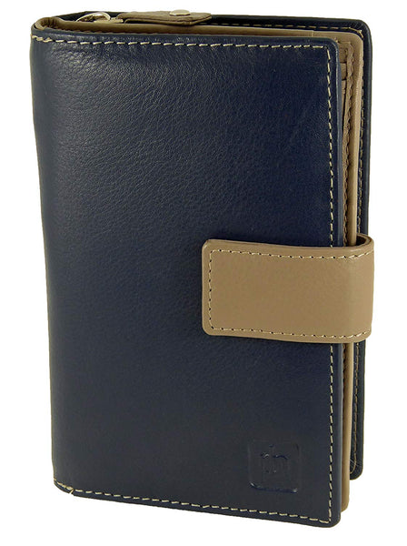 Large Contrasting Leather Purse Navy Taupe with RFID Protection