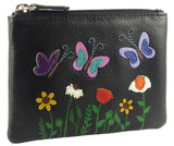 Butterflies Flowers Applique Small Leather RFID Coin, Key Card Purse