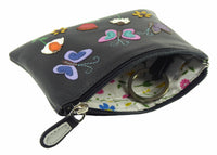 Butterflies Flowers Applique Small Leather RFID Coin, Key Card Purse