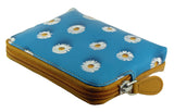 Daisies Flower Coin Zip Purse Real Leather Blue Yellow