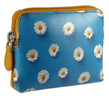 Daisies Flower Coin Zip Purse Real Leather Blue Yellow