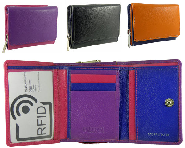 Ladies Small Compact Real Leather RFID Protected Purse Multi Coloured