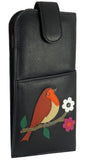 Robin Applique Real Leather Glasses Spectacles Case Magnetic Closure Black