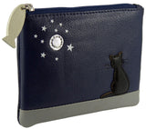Cat At Midnight Applique Real Leather RFID Coin Key Card Purse