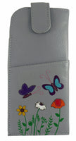 Flowers Butterflies Real Leather Mala Glasses Spectacles Case Magnetic Closure