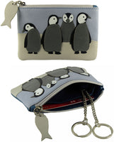 Penguin Family Applique Real Leather Mala RFID Coin Key Card Purse Blue/Beige